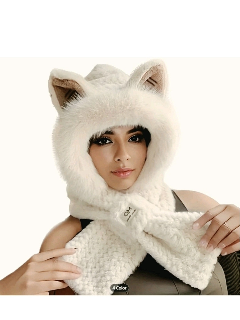 Plush Cream Faux Fur Cat Ear Hooded Scarf